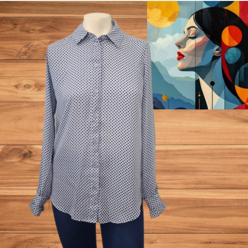 Who What Wear Women's Blouse Geometric Ruffle Collar Button Down‎ Long Sleeve XS